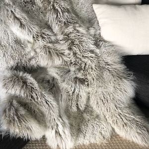 Mongolian Sheepskin Throw Blanket - Khaki White Tip