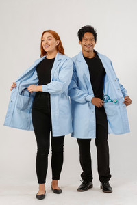 Products: Knit Cuff Lab Coat Light Blue - Inner Pockets - Pharmacy Coat