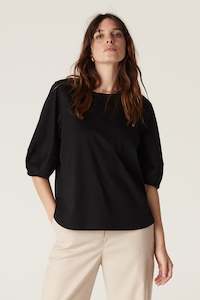 Cable Pima Lantern Sleeve Top - Black