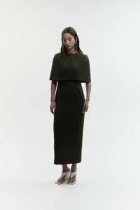 Dresses: Column Cape Dress - Olive