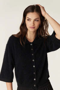 Knitwear: Brushed Cashwool Polo Cardigan - Black