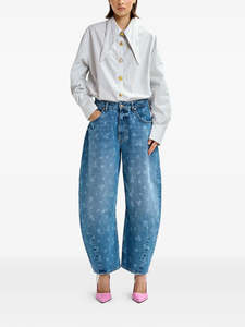 Denim: Blue Floral Print Barrel Leg Cropped Jeans