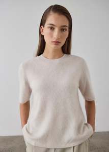 Knitwear: Brushed Cashmere Tee - Stone