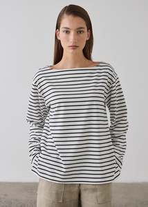 Tops And Shirts: Striped Long Sleeve T-shirt-Black / Ecru