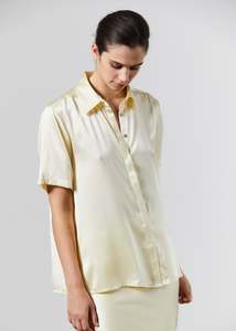 Shirts: Silk Satin Shirt - Pale Lemon