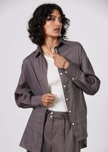 Shirts: Jacque Linen Shirt - Deep Taupe/Ecru Stripe