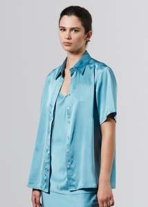 Shirts: Silk Satin Shirt - Cerulean