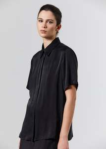 Shirts: Silk Satin Shirt - Black