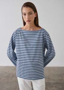 T Shirts: Striped Long Sleeve T-shirt - Navy / Cadet Blue