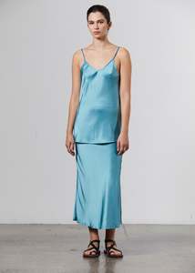 Skirts: Silk-Satin Midi Slip Skirt - Cerulean