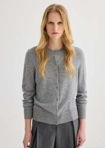 Essentials: Cashmere Crew Neck Cardigan - Grey Marle