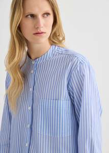 Tops And Shirts: Striped Collarless Shirt - Oxford Blue