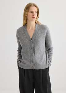 Knitwear: Cashmere V-Neck Cardigan - Grey Marle