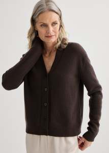Knitwear: Cashmere V-Neck Cardigan - Bitter Chocolate