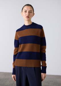 Cashmere Crew Stripe - Navy / Russet