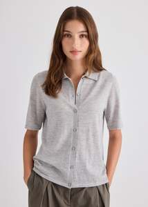 Knitwear: Featherlight Cashmere Shirt - Grey Marle