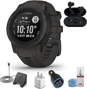 Watches: Garmin Instinct 2S - Standard Edition Smart Watch-Graphite + Wireless Headphones + Watch Charging Stand + USB Car/Wall Adapter + 6Ave Cleaning Kit (010-02563-10)