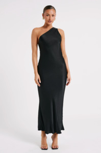 Midi Dresses: Meshki - Alejandra One Shoulder Satin Maxi Dress - Black