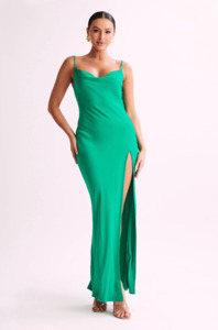 Midi Dresses: Meshki - Jade Cowl Neck Backless Maxi Dress in Green