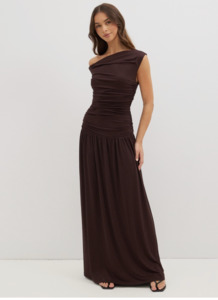 Dazie - Jersey Off The Shoulder Maxi in Chocolate