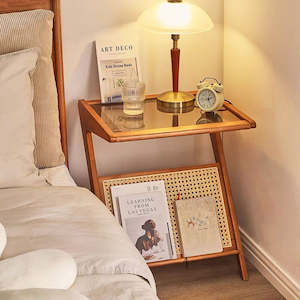 Chelsea Rustic Solid Wood Table With Rattan & Tempered Glass Top - Nature