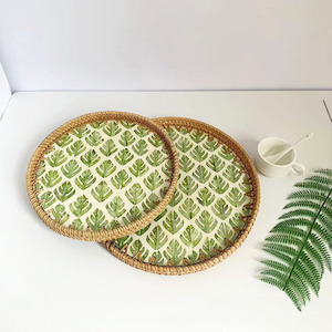 Tableware: Attaya Hand-made Round Rattan & Shell Tray 30cm/35cm - Green Leaves