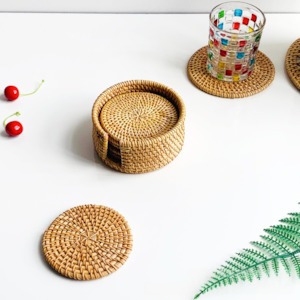 Uriah 7PCS Round Handwoven Rattan Coaster Set