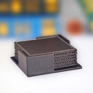 Cosmo 7PCS Square 2 Sides PU Leather Coaster Set - Brown