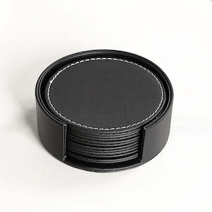 Cosmo 7PCS Round 2 Sides PU Leather Coaster Set - Black