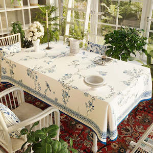 Brantice Rectangle Waterproof Elegant Tablecloth with Blue Porcelain Motif