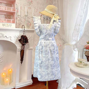 Marie Roy Elegant Ink Floral Apron with Ruffled Straps - White & Blue