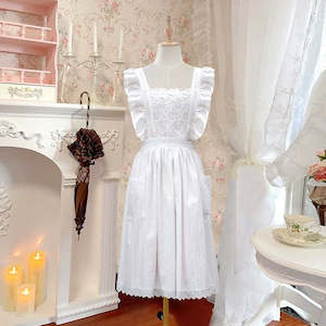 Accessories: Marie Roy French Rustic Lace Apron with Ruffled Straps - White