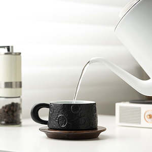 Mug: Lunar 3PCS Ceramic Coffee Cup and Wooden Saucer With Spoon 200ml - Black