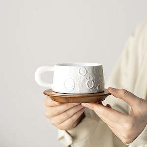 Lunar Ceramic Coffee Cup and Wooden Saucer With Spoon 200ml - White