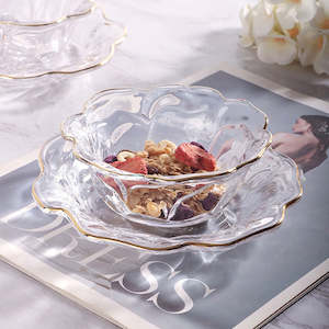 Bowl: Linton 2PCS Rose Crystal Bowl and Plate Set with Gold Edge