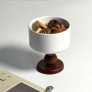 Bowl: Rona French Ceramic Short-stem Small Dessert Bowl - Brown & White
