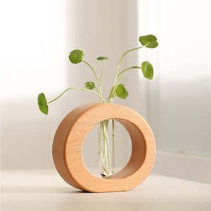 Vase: Belari Solid Beech Wood & Clear Glass Tube Vase - Nature