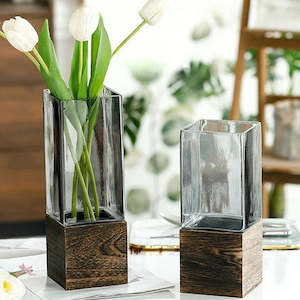 Vase: Aurora Modern Glass Vase with Wooden Base 30cm