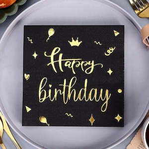 Napkin: Doria Virgin Wood Pulp Birthday Napkin 20pk - Gold & Black