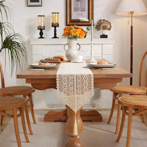 Bianco Elegant Lace Table Runner with Scalloped Edge 220/240cm - Natural Beige