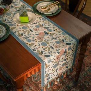 Fabric: Isadora Vintage Embroidered Table Runner with Tassels 220/260cm - Blue Camellia