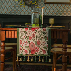 Isadora Vintage Embroidered Table Runner with Tassels 220/260cm - Green Camellia