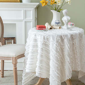 Claudia French Cotton & Linen Square Tablecloth with Tassels - White