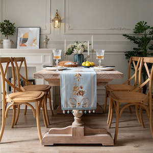 Bianco European Vintage Embroidered Floral Table Runner 240x32cm - Light Blue