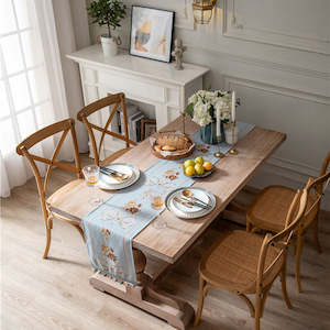 Bianco European Vintage Embroidered Floral Table Runner 220x32cm - Light Blue