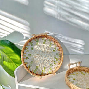 Charlotte Hand-made Rattan & Shell Tray With Handles 24cm - Green