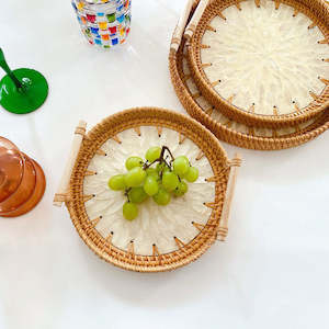 Charlotte Hand-made Rattan & Shell Tray With Handles 28cm - White