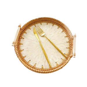 Charlotte Hand-made Rattan & Shell Tray With Handles 24cm - White