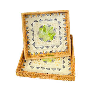 Riza Hand-made Rattan & Shell Tray With Handles 25cm