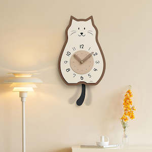 Bergen Creative Wooden Cozy Cat Rocking Wall Clock 50cm - Cream